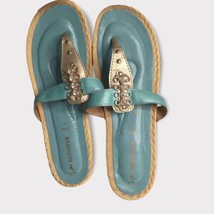 Reindeer Women's Blue Low Espadrilles Slip OnThong Wedge Sandals Size 40